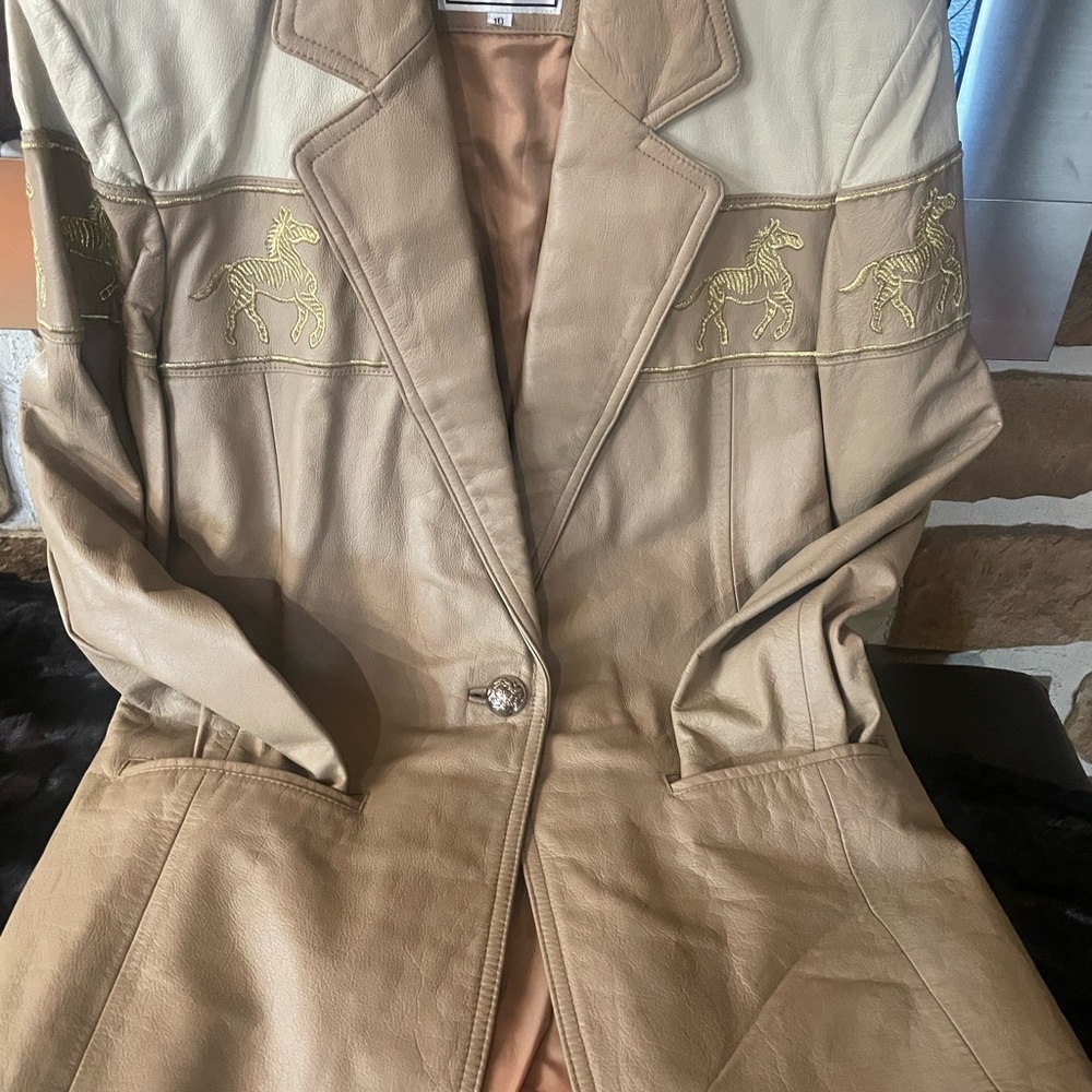 Women's vintage leather and Embroidered Jacket, tan and cream